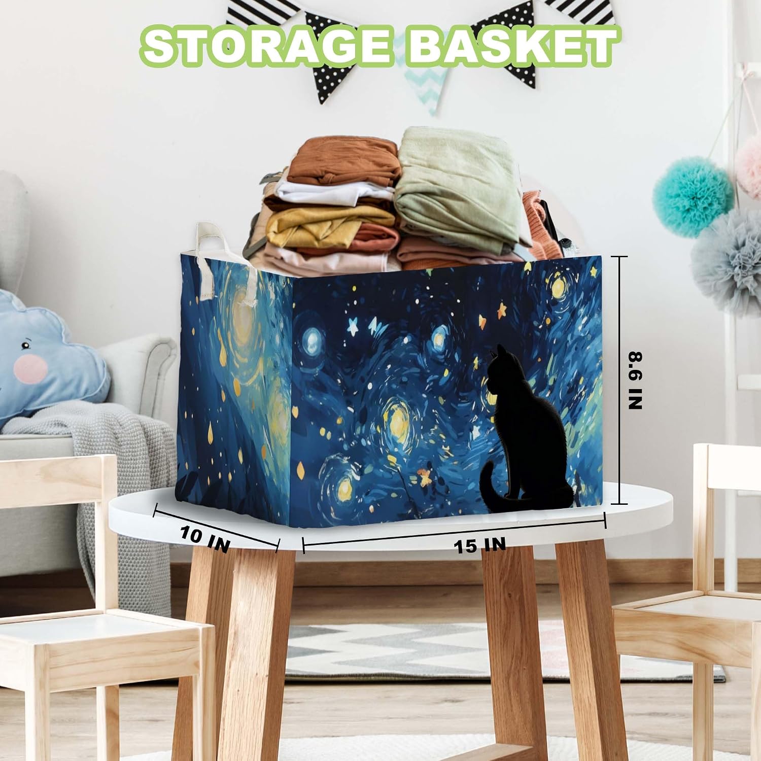 Starry Night Black Cat Toy Basket, Closet Shelf Organizer Baskets for Nursery Decor, Bathroom, Bedroom, Home Decor Gift Basket Large Squarecanvas Laundry Hamper With a Waterproof PE Coating, Foldable
