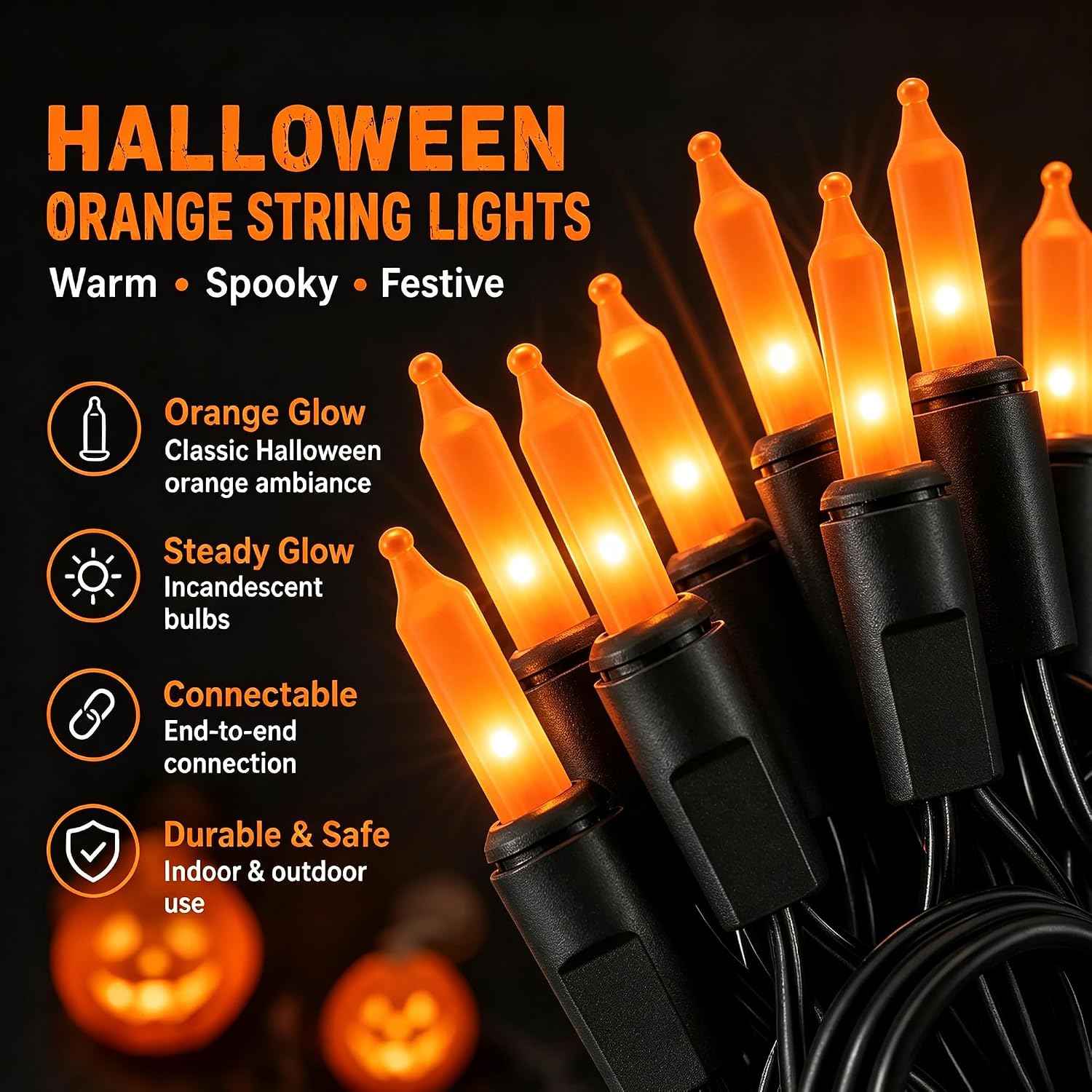 Dazzle Bright Orange Halloween Mini Lights, 20FT 100 Count Waterproof Incandescent Lights Plug in, Connectable Halloween Decorations for Indoor Outdoor Party Yard