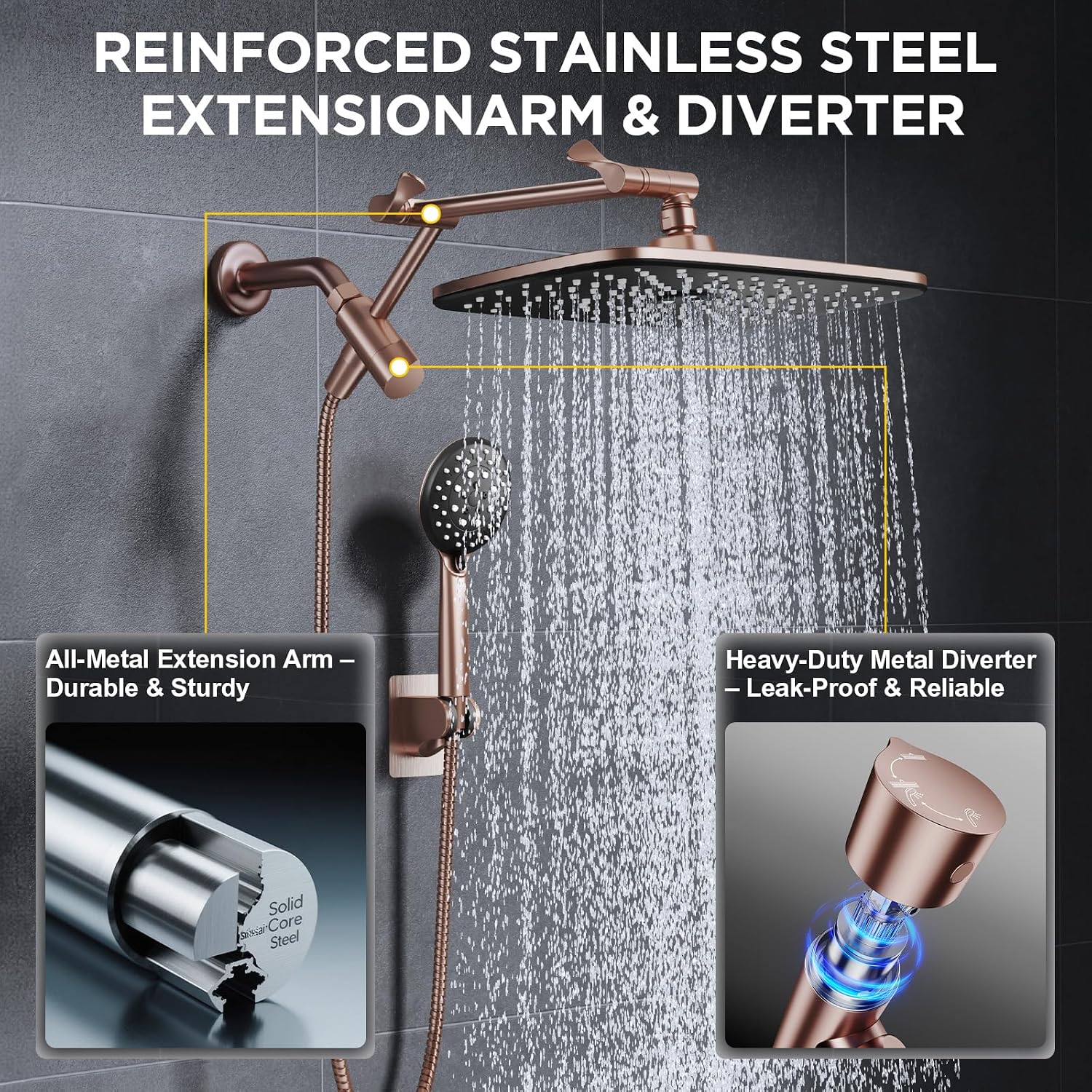 Veken Rose Gold 11.8" High Pressure Shower Head with Handheld, Easy Install