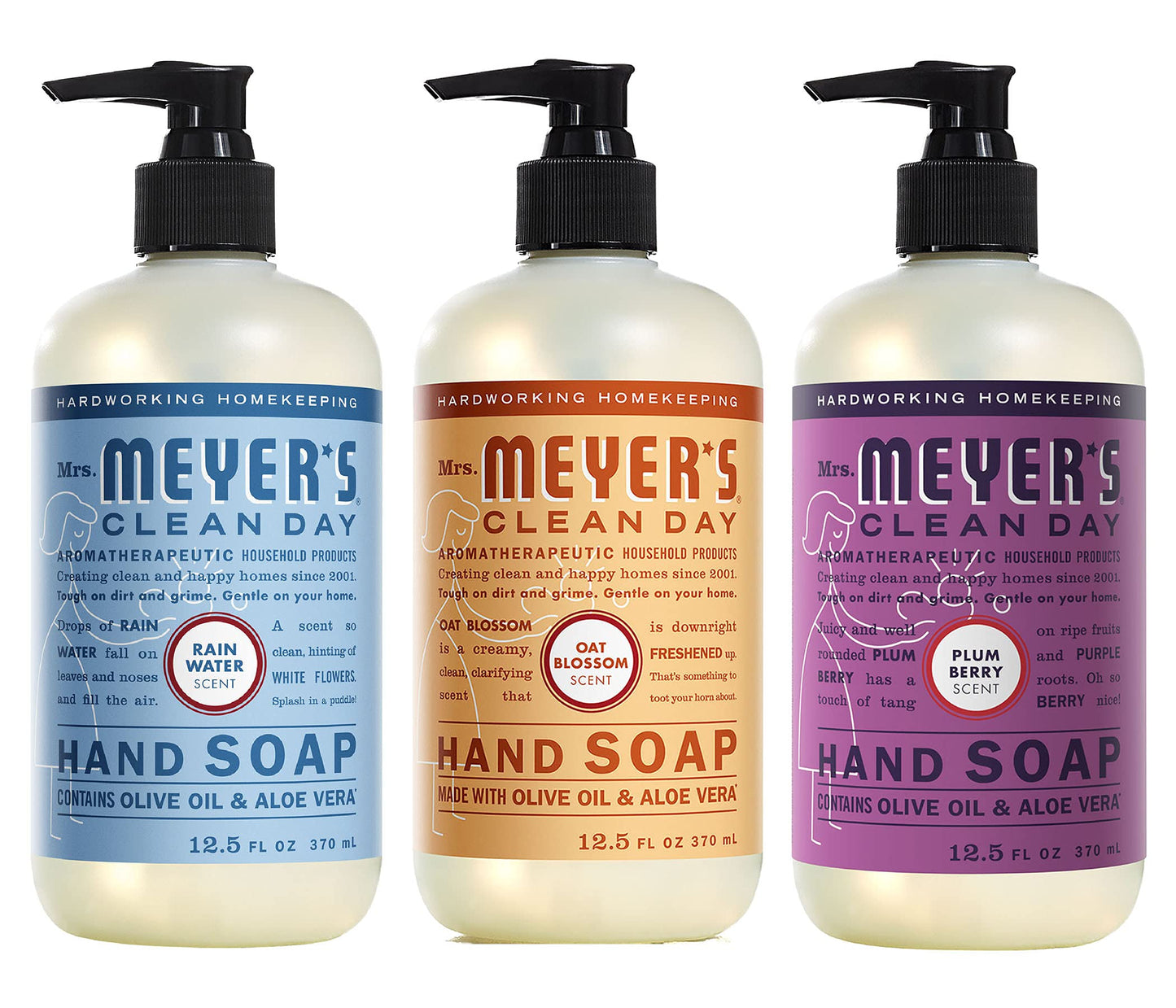 MRS. MEYER'S CLEAN DAY Liquid Hand Soap Variety Pack, 1 Rain Water Scent Hand Soap, 1 Oat Blossom Scent Hand Soap, 1 Plum Berry Scent Hand Soap, 12.5 FL OZ (3 CT)