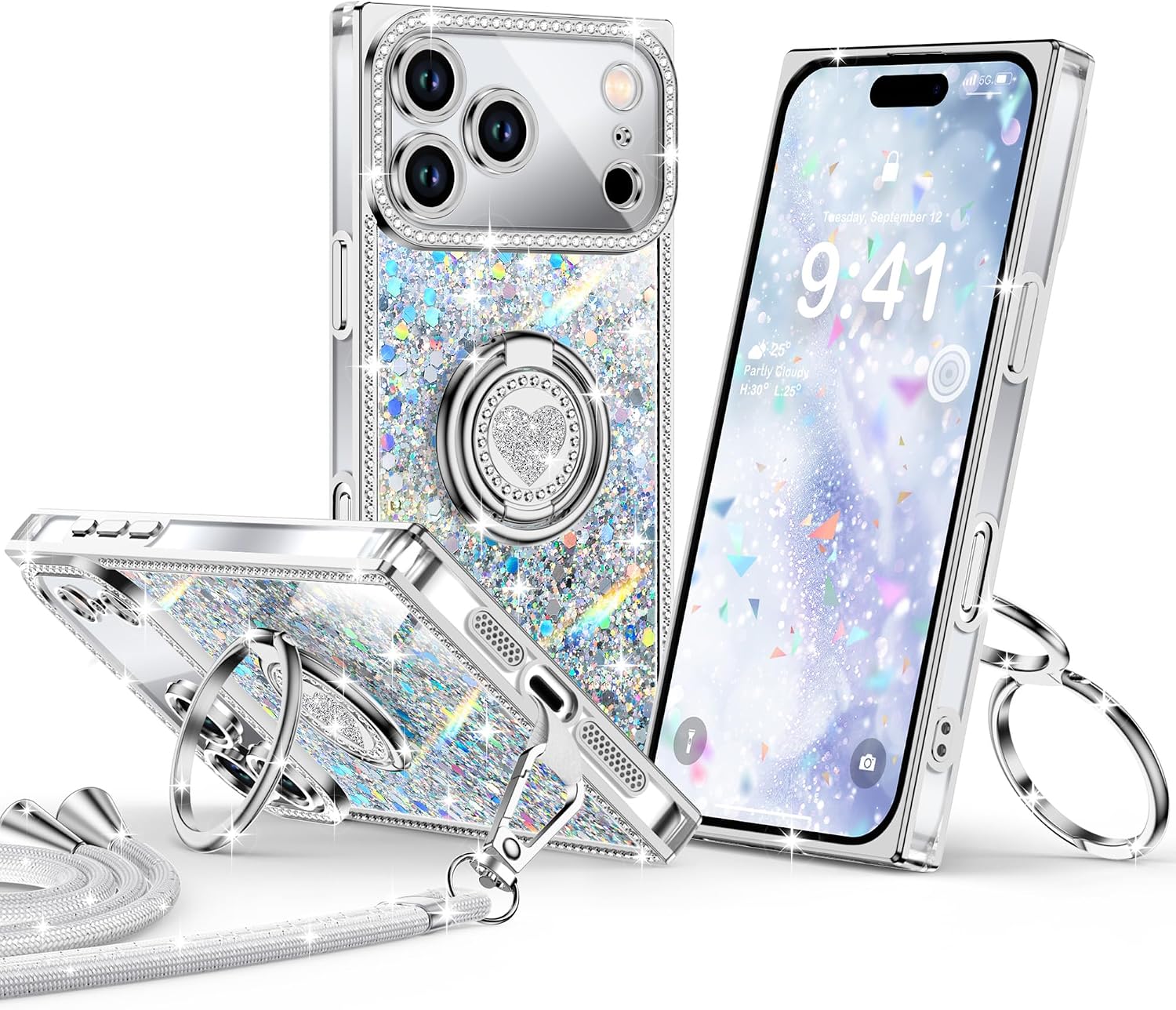 XYZ for iPhone 17 Pro Case, Glitter Bling Phone Cover with Stand