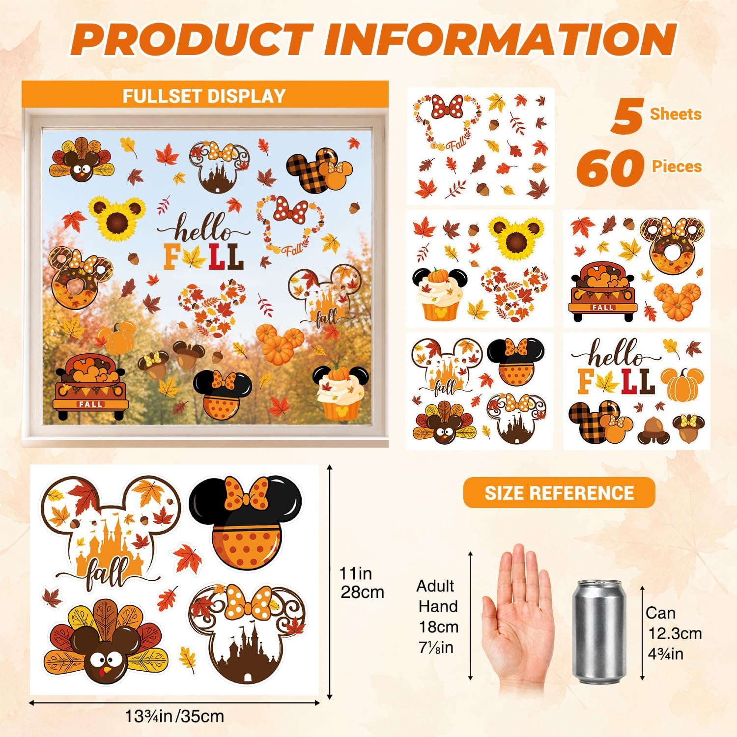 Fall Window Clings, Autumn Pumpkin Static Stickers for Glass, 60 Designs