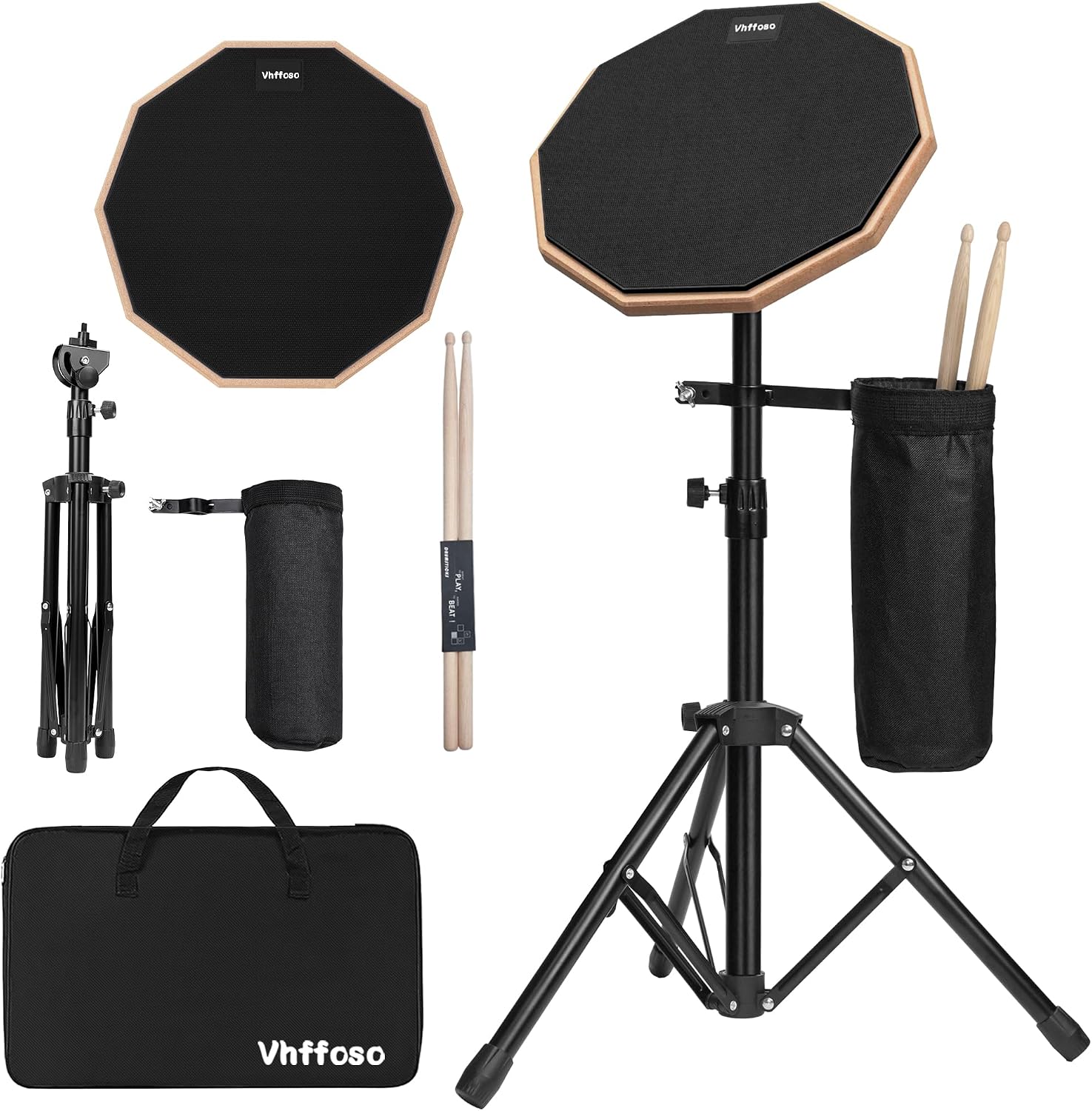 12 Inch Practice Drum Pad with Stand and Sticks, Beginner Snare Drum Pad with Drumsticks and Carrying Bag, Double Sided Silent Drum Pad (Black)