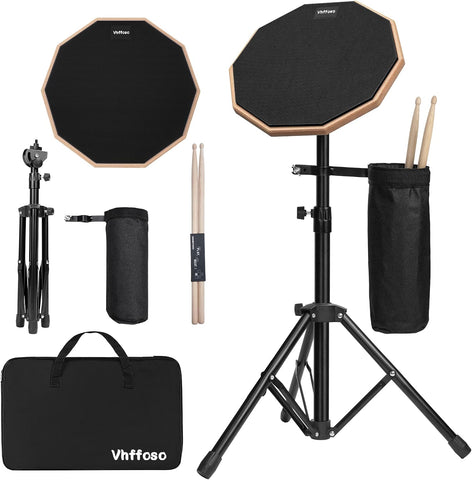 12 Inch Practice Drum Pad with Stand and Sticks, Beginner Snare Drum Pad with Drumsticks and Carrying Bag, Double Sided Silent Drum Pad (Black)