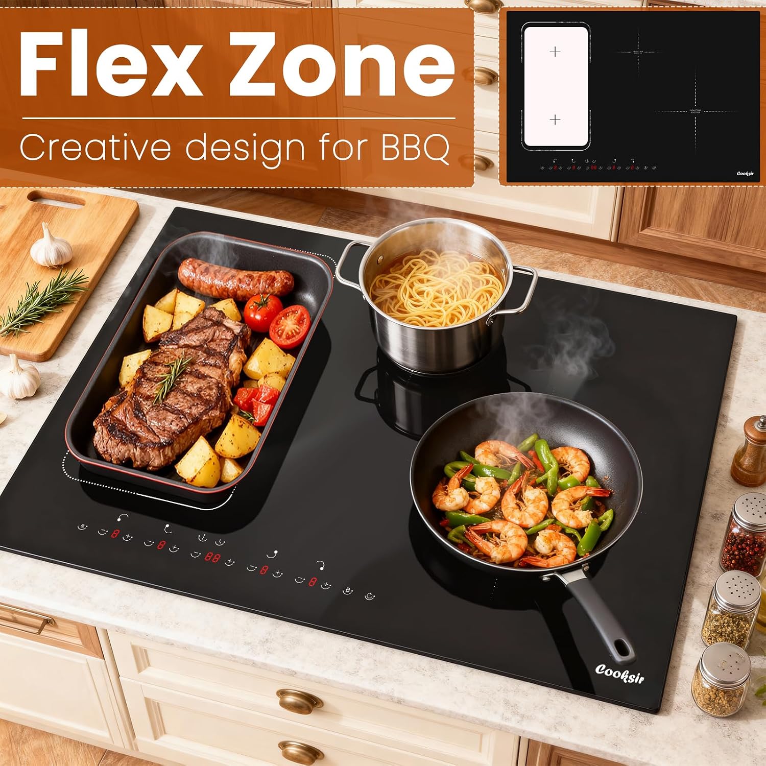 Induction Cooktop 30 Inch with Iron Pot 7200W, 220V Hard Wired