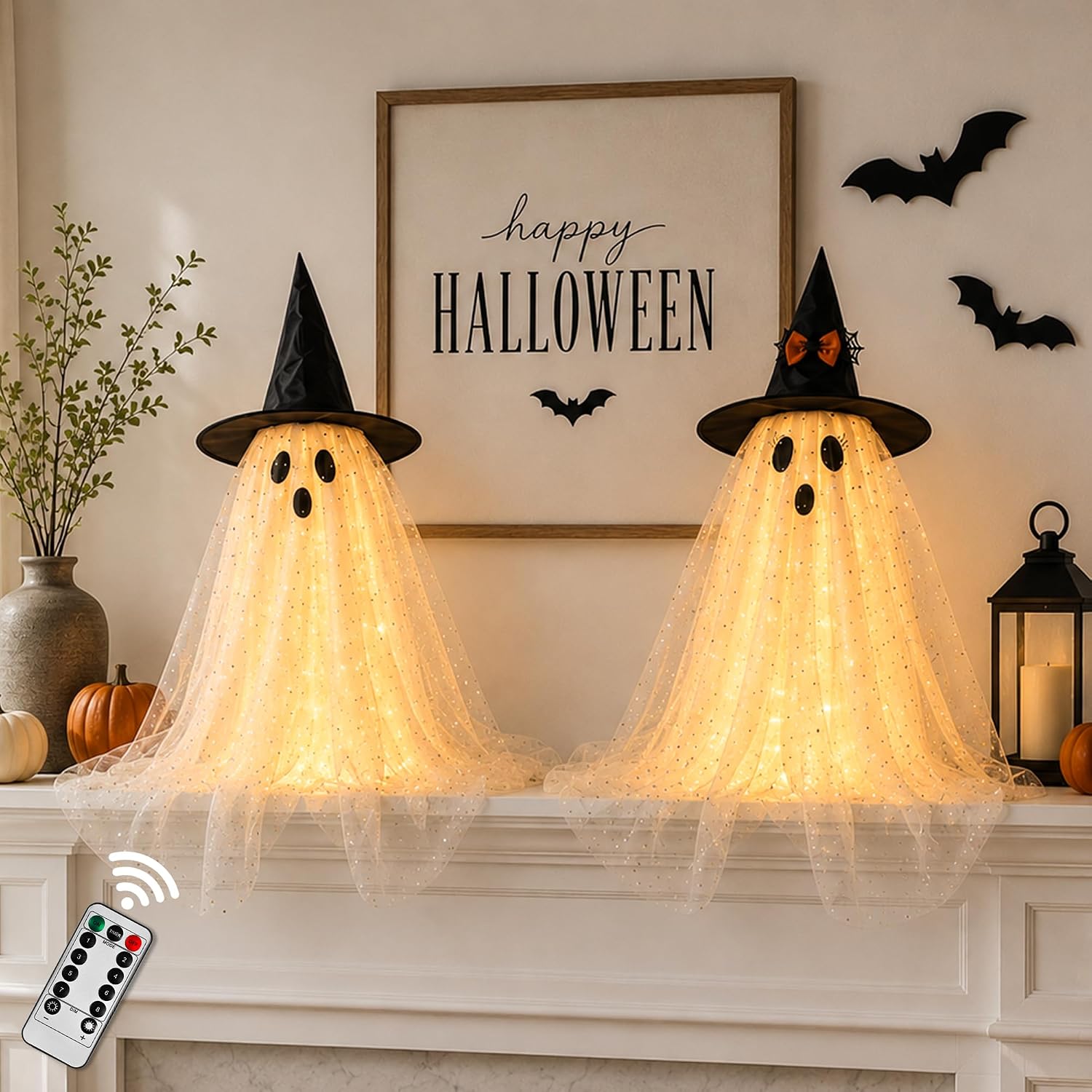 AYGXU 2pcs Halloween Decorations Indoor,Ghost Decor with String Lights Remote Control,Halloween Party Decorations,Spooky Ghost Light for Home Table Room Kitchen Office