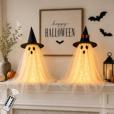 AYGXU 2pcs Halloween Decorations Indoor,Ghost Decor with String Lights Remote Control,Halloween Party Decorations,Spooky Ghost Light for Home Table Room Kitchen Office