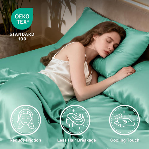 Love's cabin Satin Twin Sheets Set, 3 Piece Aqua Silky Bed Set