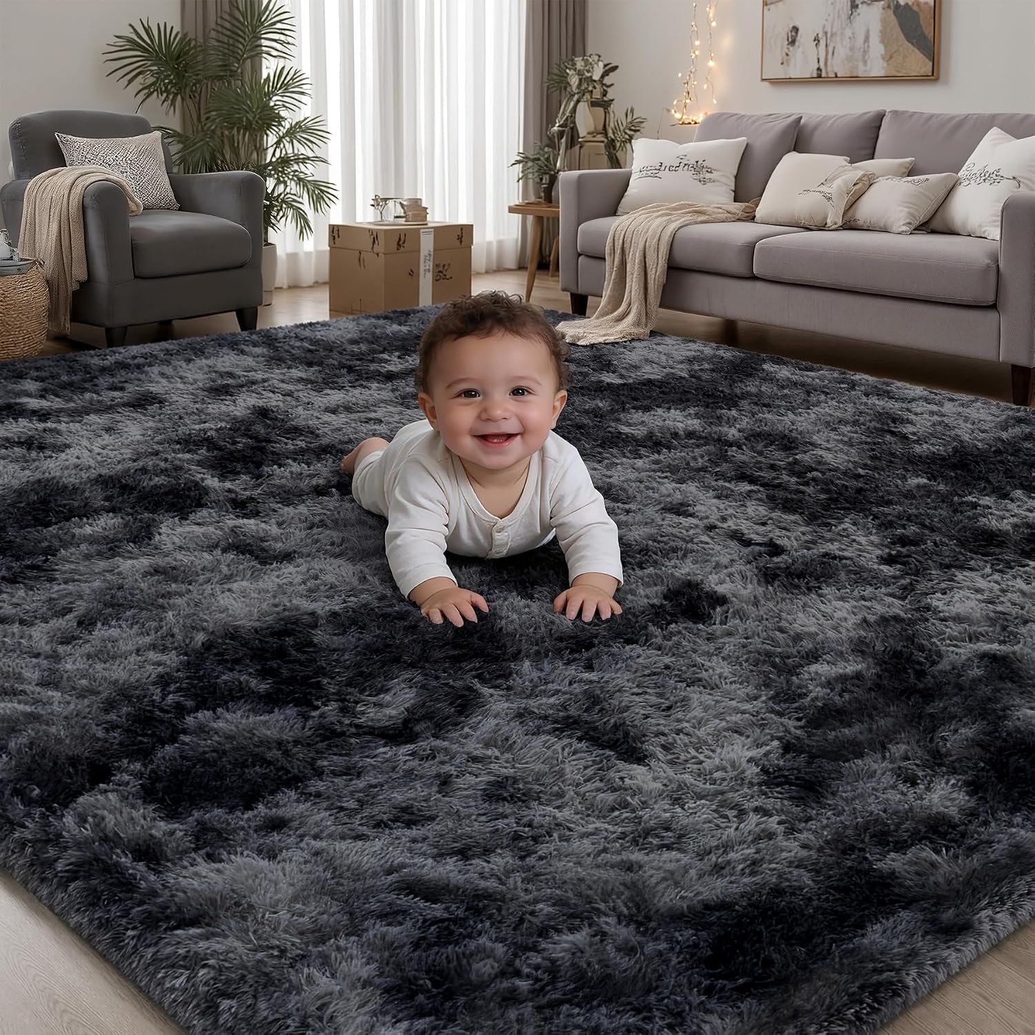 PLHXFR 4x6 Area Rugs Living Room: Fluffy Bedroom Soft Shag Rug Black Grey