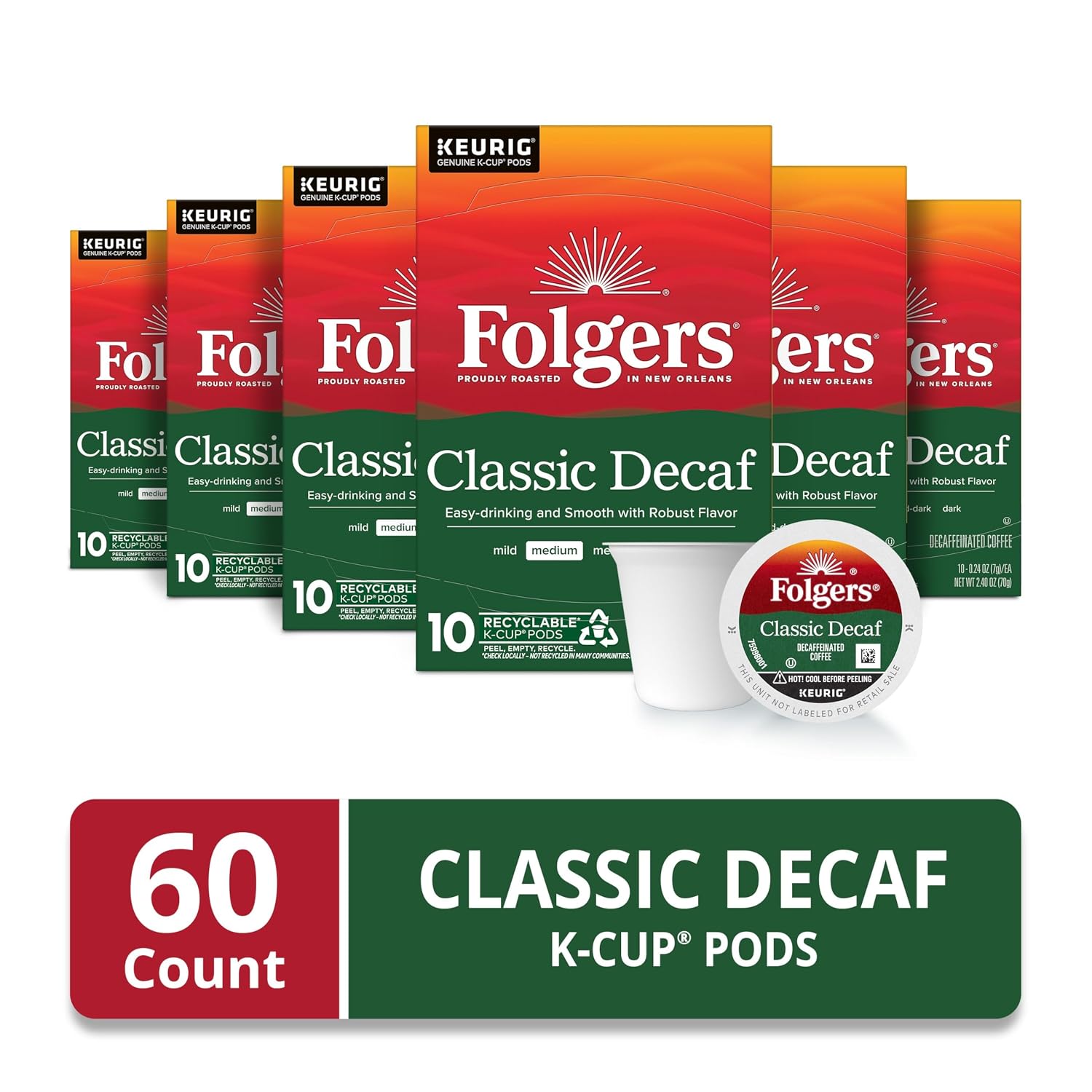 Folgers Classic Decaf Coffee, Medium Roast, Keurig K-Cup Pods, 60 Count