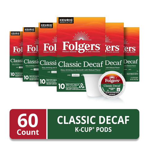 Folgers Classic Decaf Coffee, Medium Roast, Keurig K-Cup Pods, 60 Count