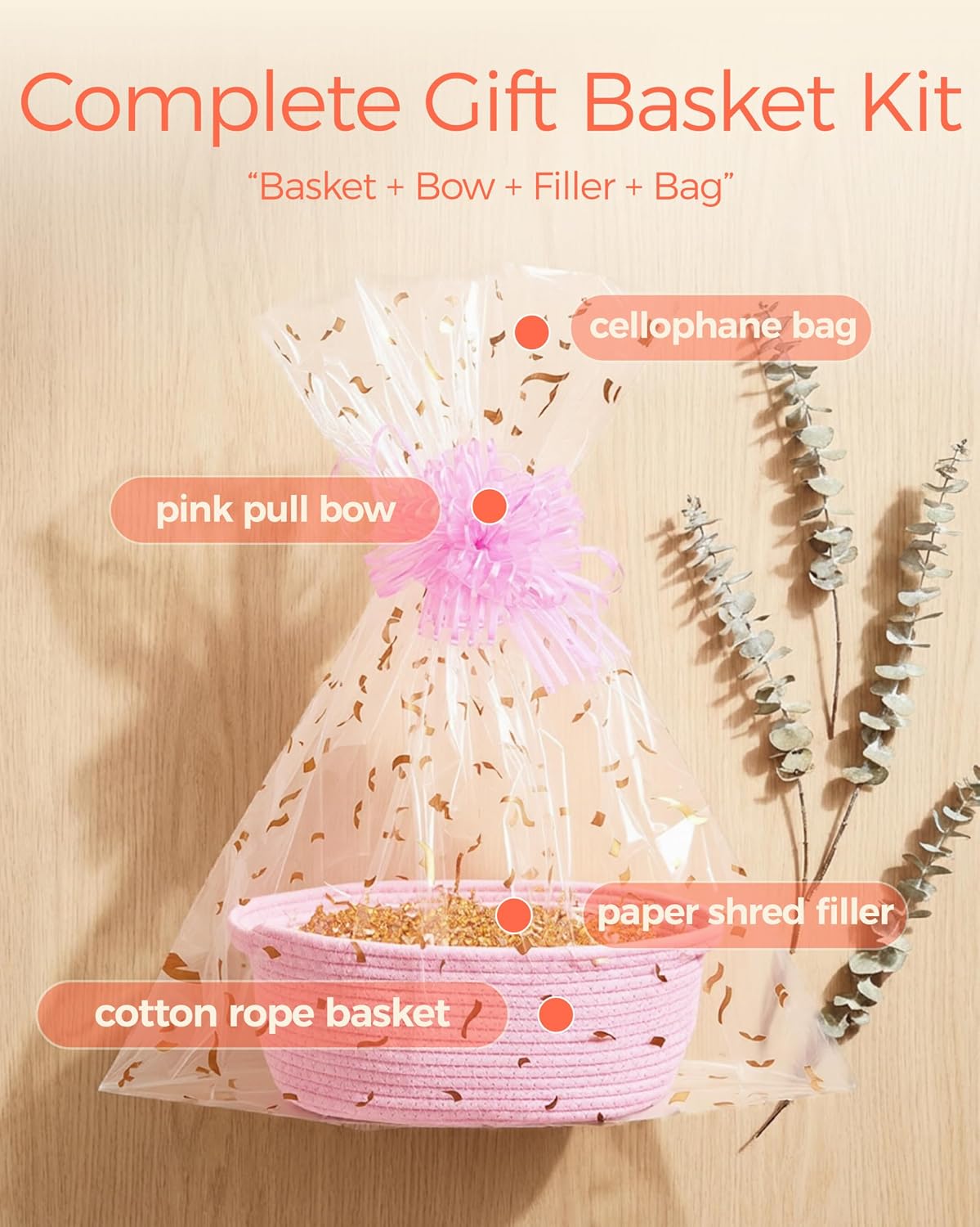 SUNCOLOR Small Woven Pink Gift Basket Set, Cotton Rope Storage Basket 12x8x5 Inch with Cut Paper Shred Filler, Pull Bow and Cellophane Bag for Baby Shower, Birthday, Holidays