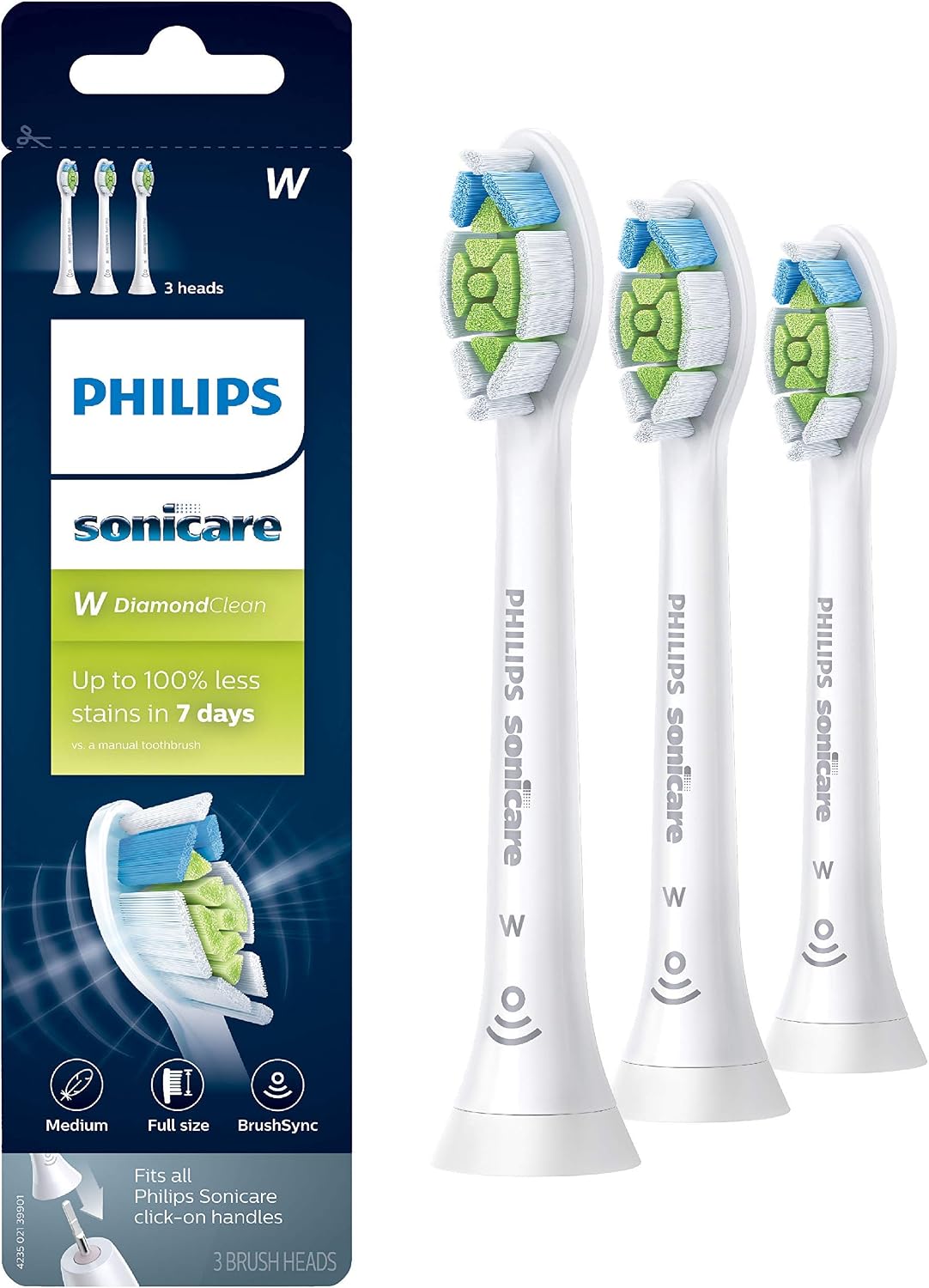 Philips Sonicare W DiamondClean Brush Heads, 3-Pack, 9 Month Supply, White