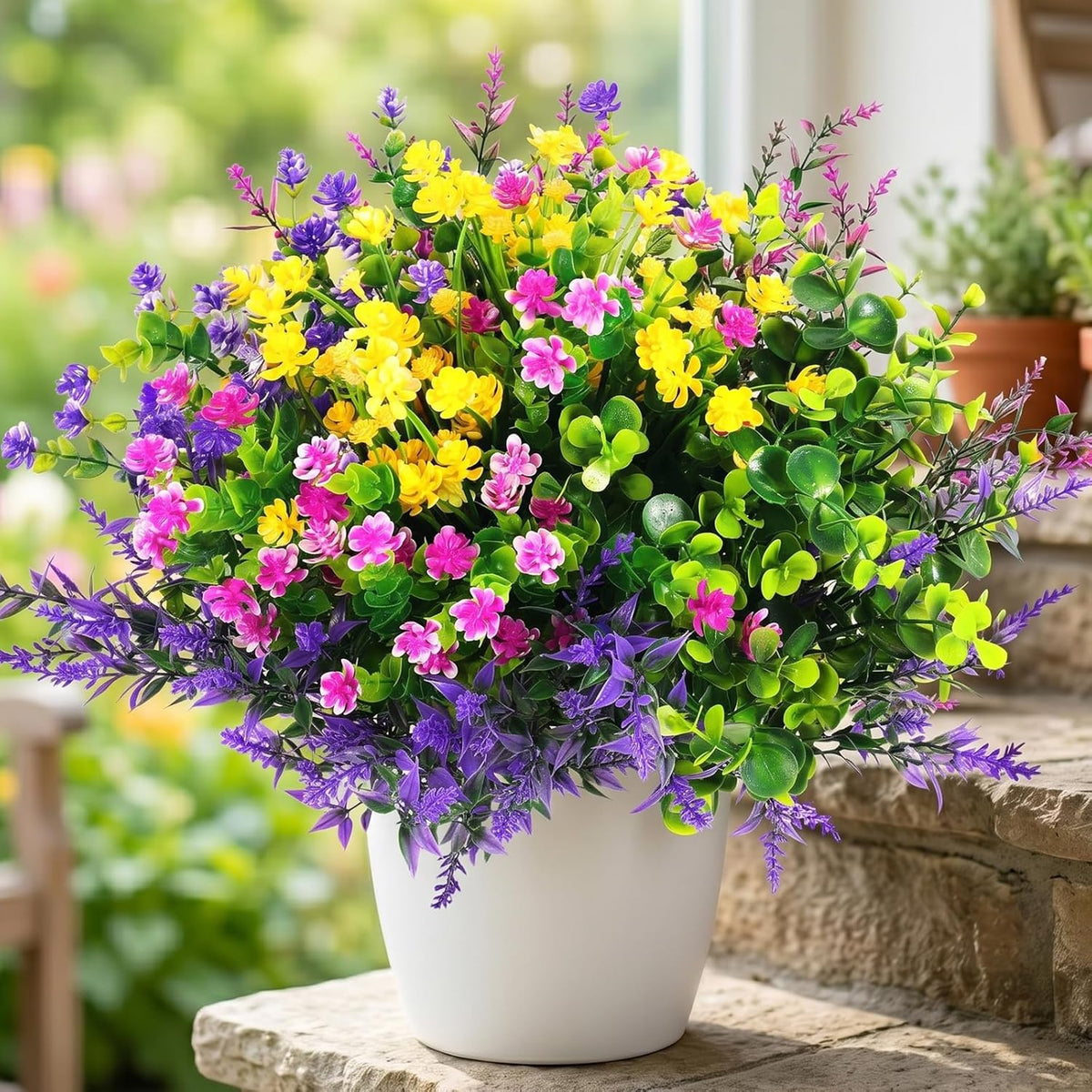 Hananona 24 Pcs Artificial Flowers Outdoor, Faux Artificial Plants UV Resistant Plastic Flower Bulk for Hanging Planter Porch Window Home Wedding Summer Decor (24, Fuchsia, Purple, Yellow, Green)