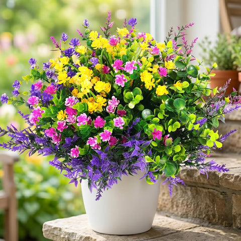 Hananona 24 Pcs Artificial Flowers Outdoor, Faux Artificial Plants UV Resistant Plastic Flower Bulk for Hanging Planter Porch Window Home Wedding Summer Decor (24, Fuchsia, Purple, Yellow, Green)
