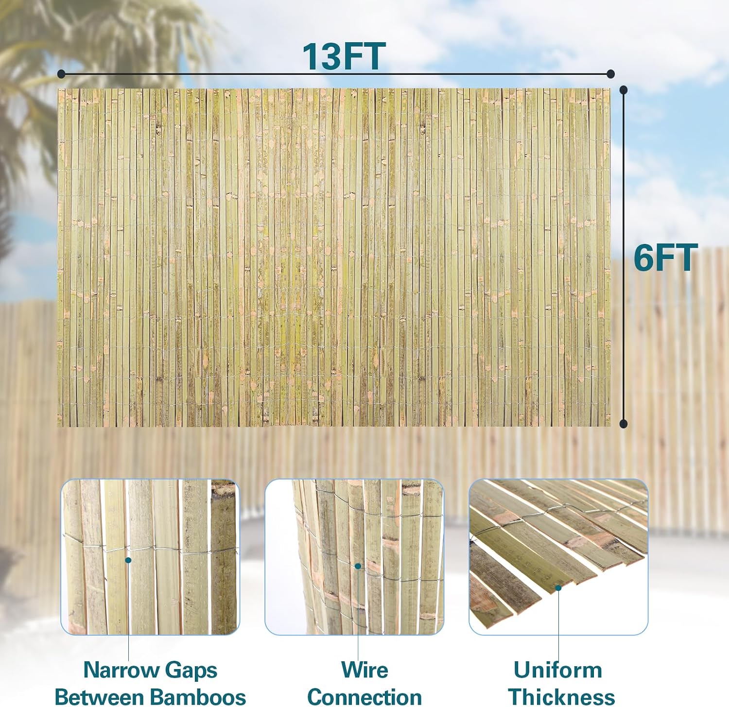 Bamboo Slat Fence 6ft x 13ft, Natural Split Bamboo Fencing, Privacy Screen 6 Feet High Outdoor, Privacy Fence for Garden, Backyard, Balcony, Pool