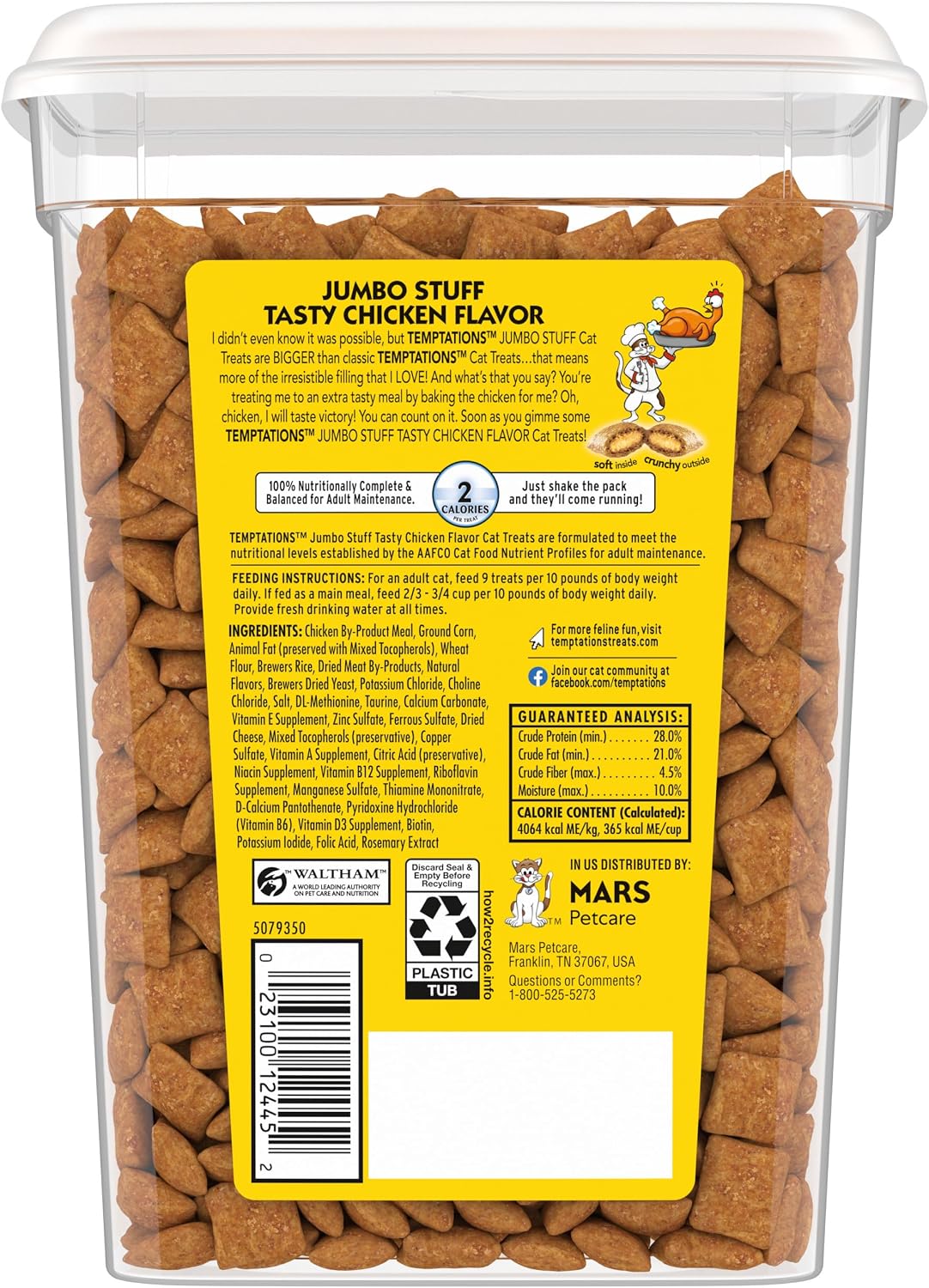 Temptations Jumbo Stuffed Cat Treats,Crunchy and Soft Cat Treats,Tasty Chicken Flavor,14 oz. Tub,(Pack of 4)
