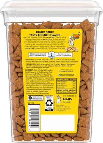 Temptations Jumbo Stuffed Cat Treats,Crunchy and Soft Cat Treats,Tasty Chicken Flavor,14 oz. Tub,(Pack of 4)