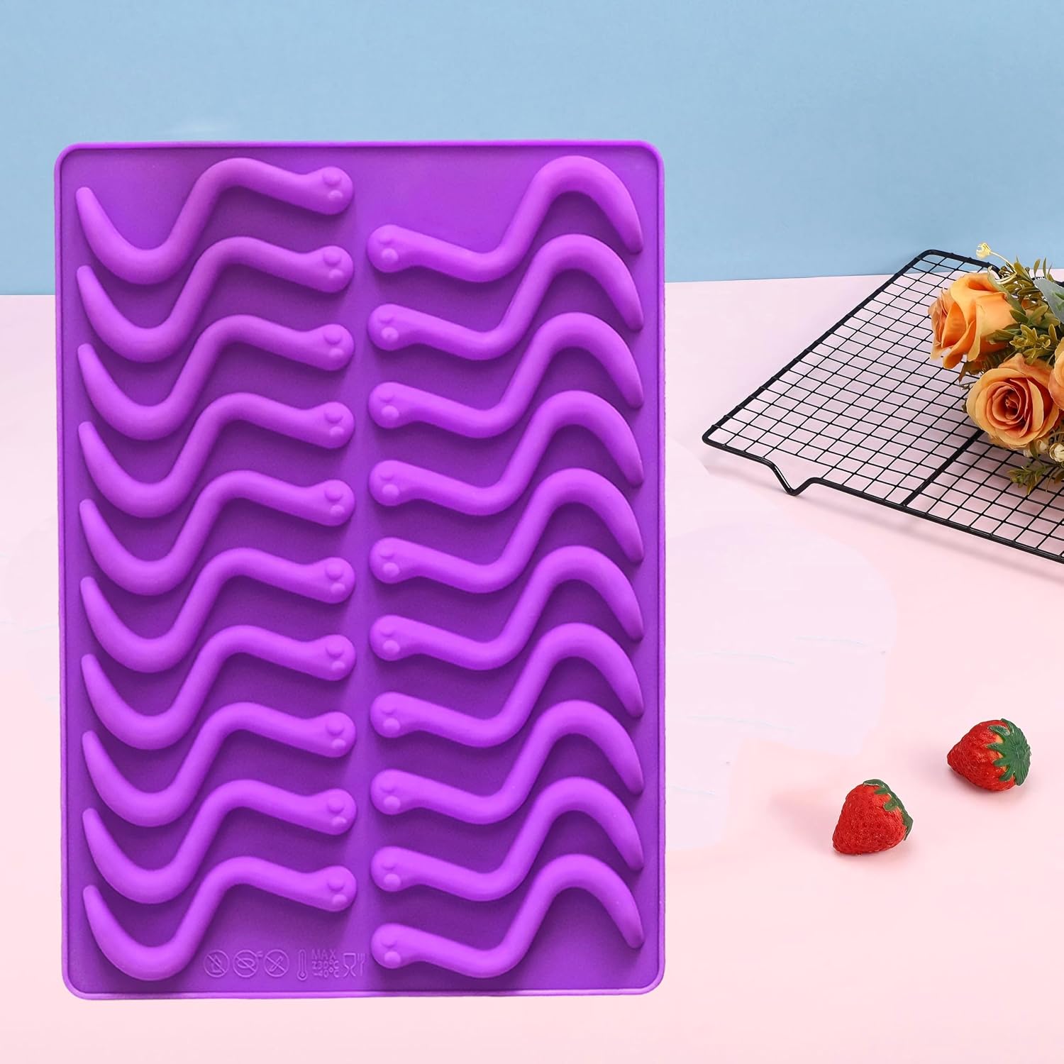 4Pcs Gummy Candy Molds - Silicone Gummy Worm Molds with 2Pcs Dropper,Non-stick and Bpa Free for Candy Chocolate Gummies Baking