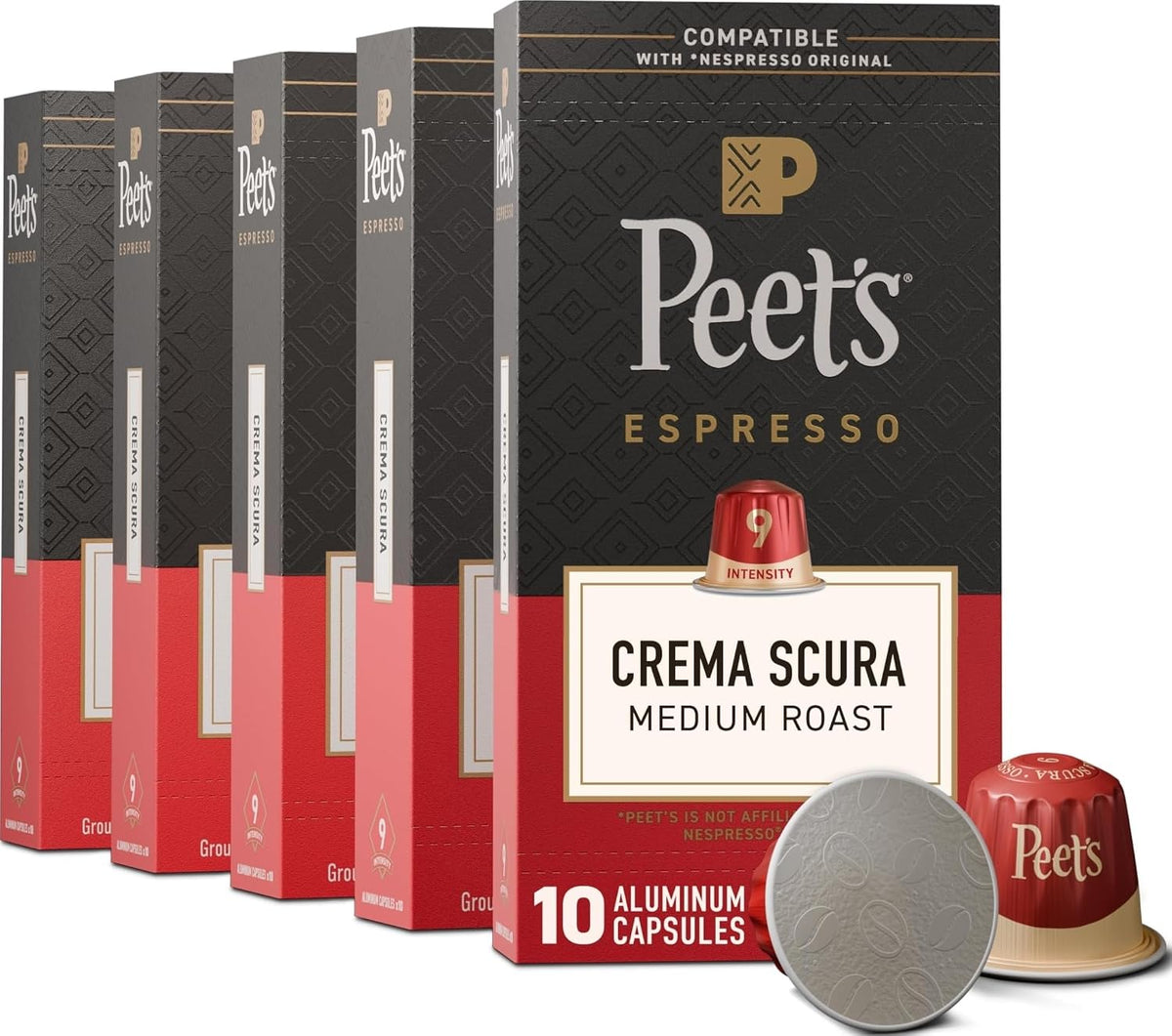 Peet's Coffee, Medium Roast Espresso Capsules, Compatible with Nespresso Original Machine, 100% Arabica Coffee - Crema Scura Intensity 9, 50 Count (5 Boxes of 10 Espresso Capsules)