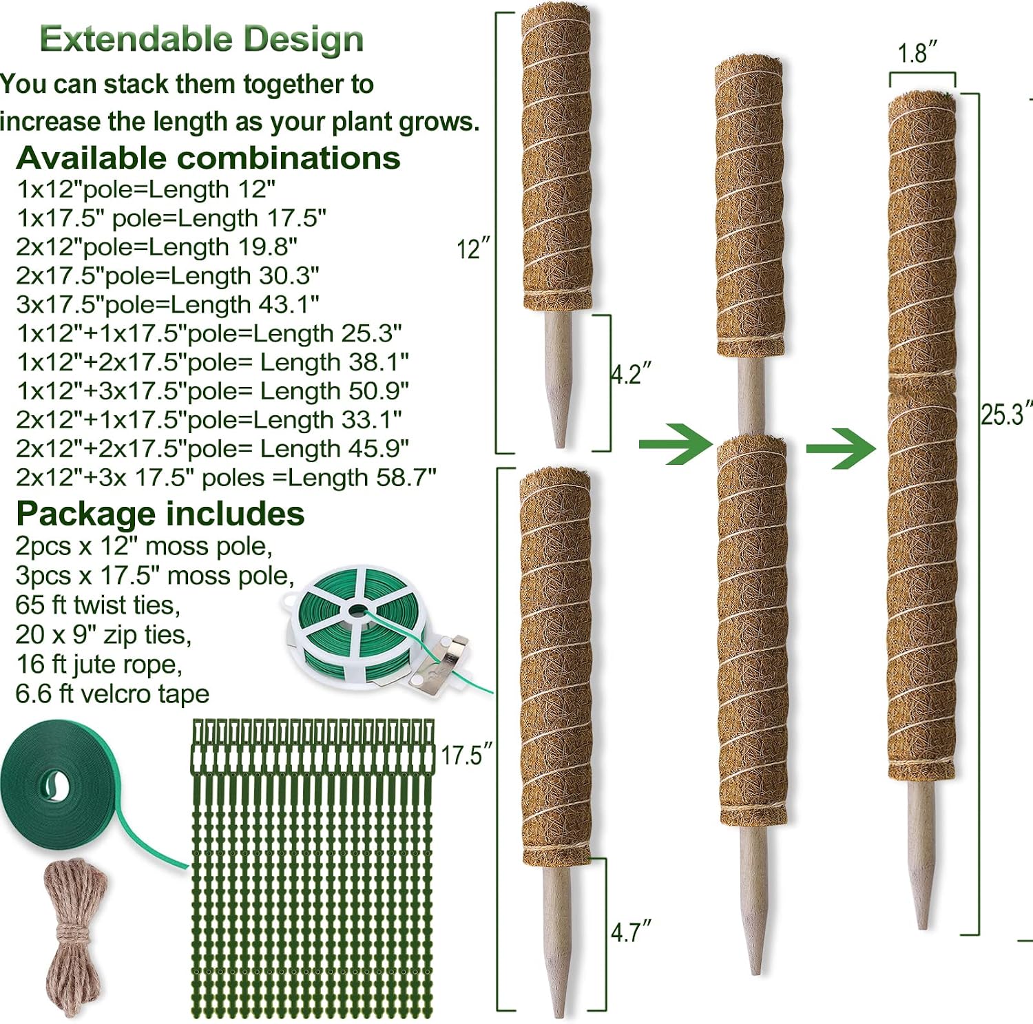 Fabulas Moss Pole 58.7 Inch - Monstera Plant Support 5 Pack, 17.5" and 12" Plant Stakes for Indoor Plants Coco Coir Moss Pole Sticks for Climbing Potted Live Plants, Pothos, Philodendron