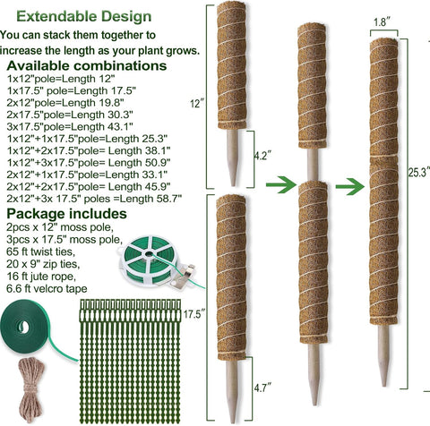 Fabulas Moss Pole 58.7 Inch - Monstera Plant Support 5 Pack, 17.5" and 12" Plant Stakes for Indoor Plants Coco Coir Moss Pole Sticks for Climbing Potted Live Plants, Pothos, Philodendron