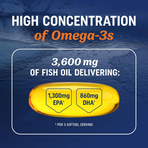 Triple Strength Omega 3 Fish Oil 3600 mg, EPA & DHA, Over 2100mg Omega-3