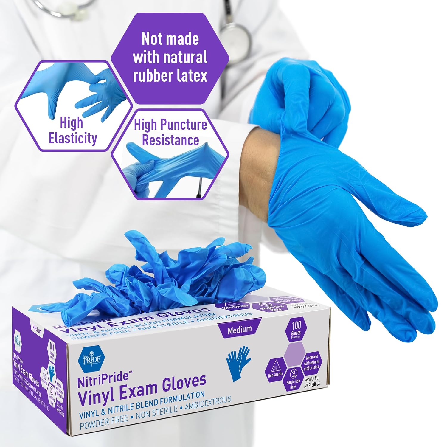 MED PRIDE Nitrile/Vinyl Blend Exam Gloves,Powder-Free,Blue,Medium,100-Ct