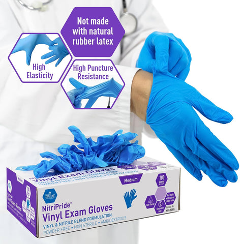 MED PRIDE Nitrile/Vinyl Blend Exam Gloves,Powder-Free,Blue,Medium,100-Ct