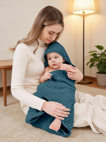 Muslin Hooded Baby Bath Towels - 3 Pack 100% Cotton Ultra-Soft Towels for Newborns, Infants, Toddlers - 32x32 Inch - Highly Absorbent, Quick-Dry Essentials for Bath, Beach, Pool, Green Blue Series