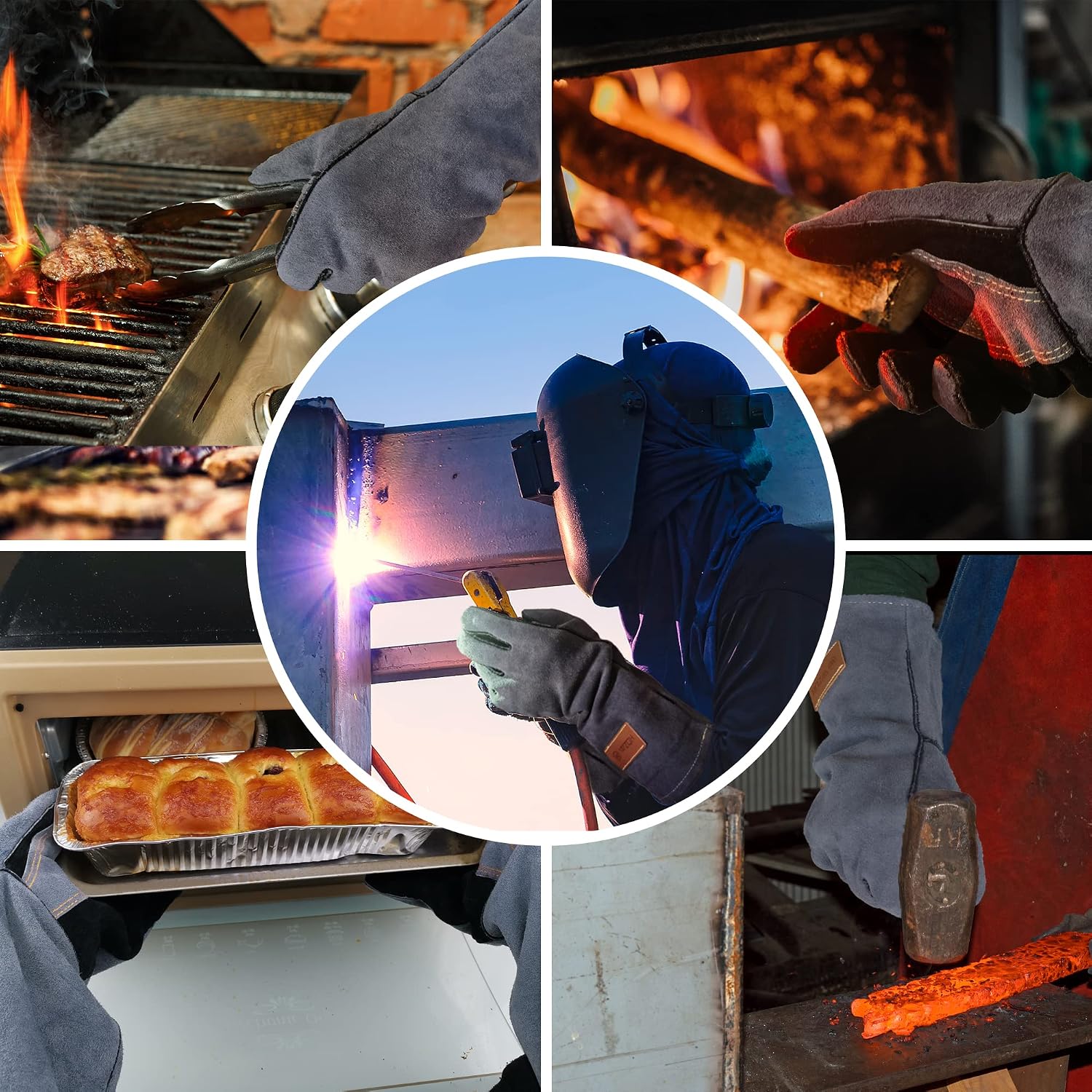 WZQH 14 In,932℉,Welding Gloves,Fireplace Glove,Fire & Heat Resistant,M