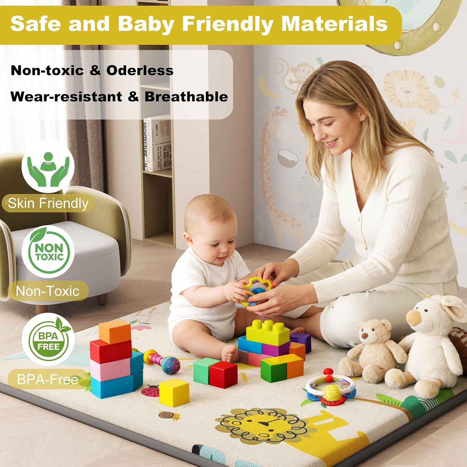 Baby Play Mat for Floor, 1.3" Thick Elasti-Foam Baby Play Mat, 50x50 Playpen Mat for Toddlers Infant kids, Water Repellent Soft Coral Velvet Crawling Mat for Floor, Non-Slip Backing Safe Jungle Safari