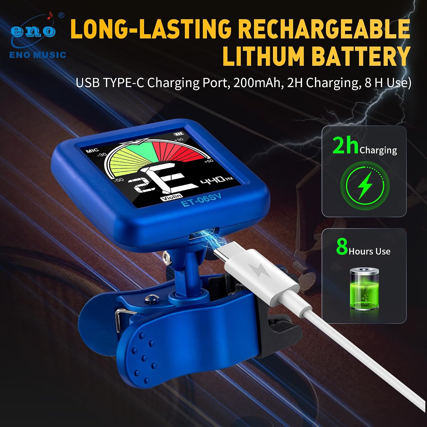 ENO MUSIC Rechargeable Type-C Quick Charge Easy Control Big LCD Display Easy Reading Clip-on Tuner for 4/4 Violin Viola Bass, Blue