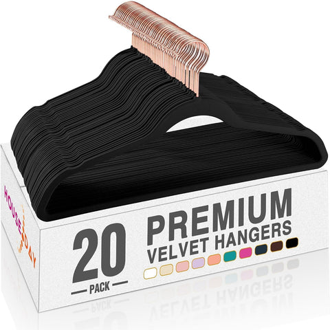 HOUSE DAY Velvet Hangers 20 Pack, Premium Clothes Hangers Non-Slip Felt Hangers, Sturdy Black Hangers Heavy Duty Coat Hangers, Durable Suit Hangers, Space Saving 360° Rotating Rose Gold Hook