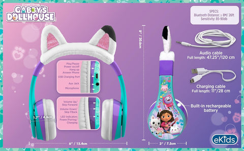 Gabbys Dollhouse Bluetooth Headphones for Kids, Wireless Headphones
