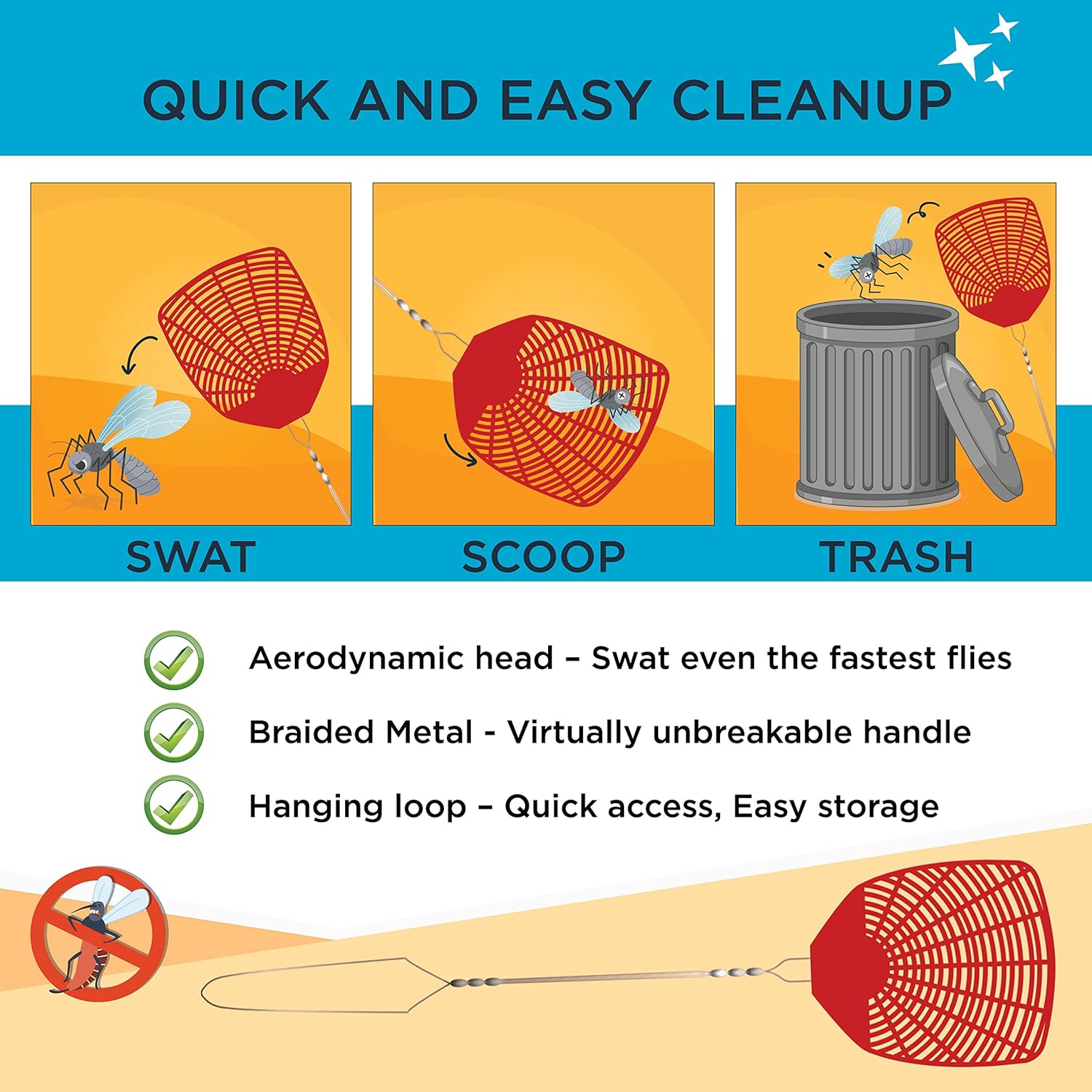 W4W, Bug & Fly Swatter Metal Handle 6 Pack Fly Swatters Indoor/Outdoor flyswatter