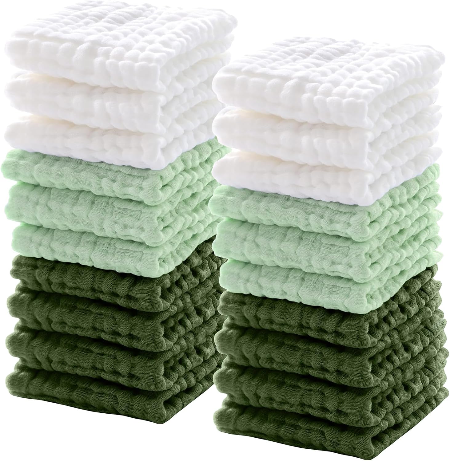 Breling 20 Pcs Baby Muslin Washcloth 12x12 in, White, Light Green, Green
