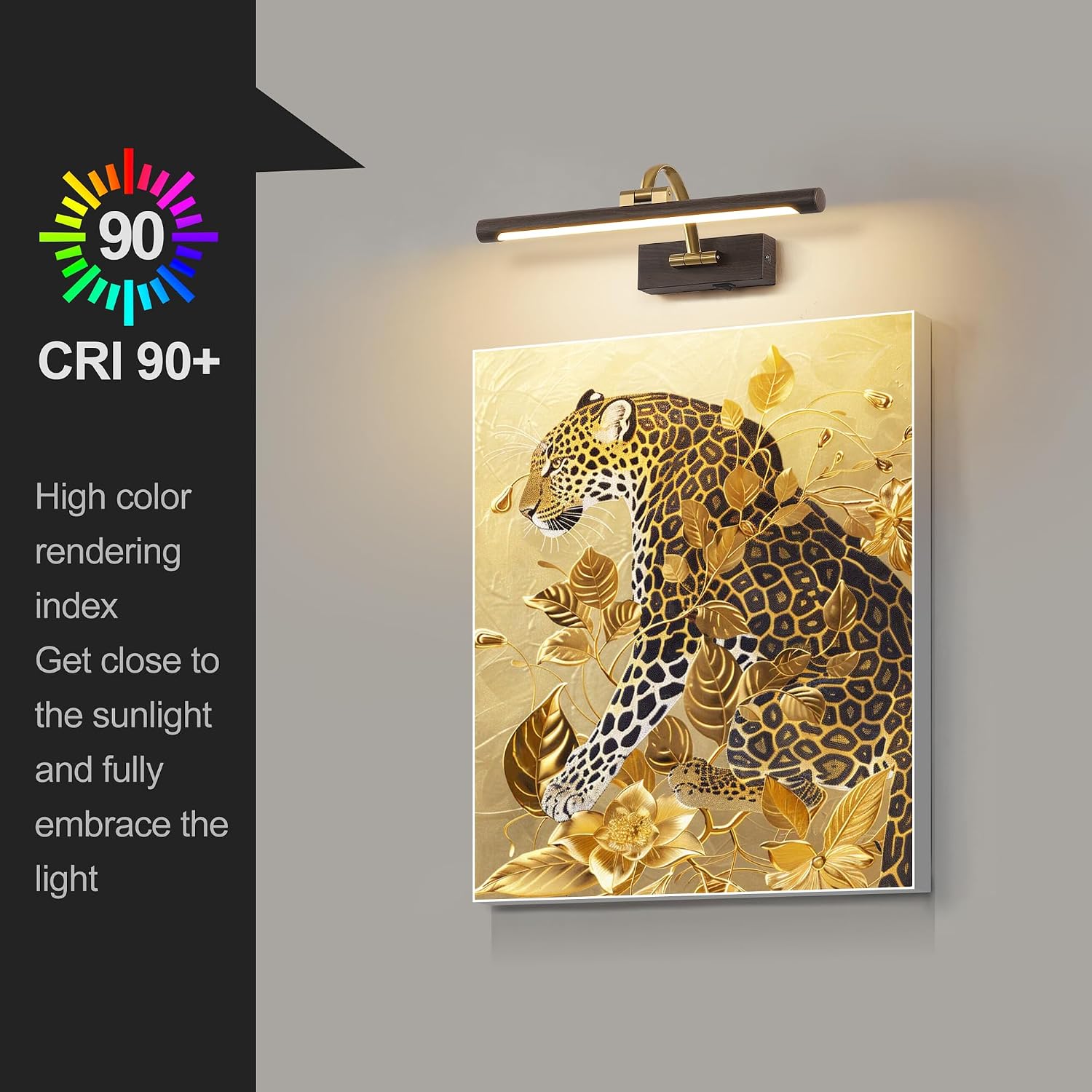 Tassuowell LED Picture Lights for Wall Rechargeable, Battery Operated Art Light for Paintings (Wood Grain, 15.7inch)