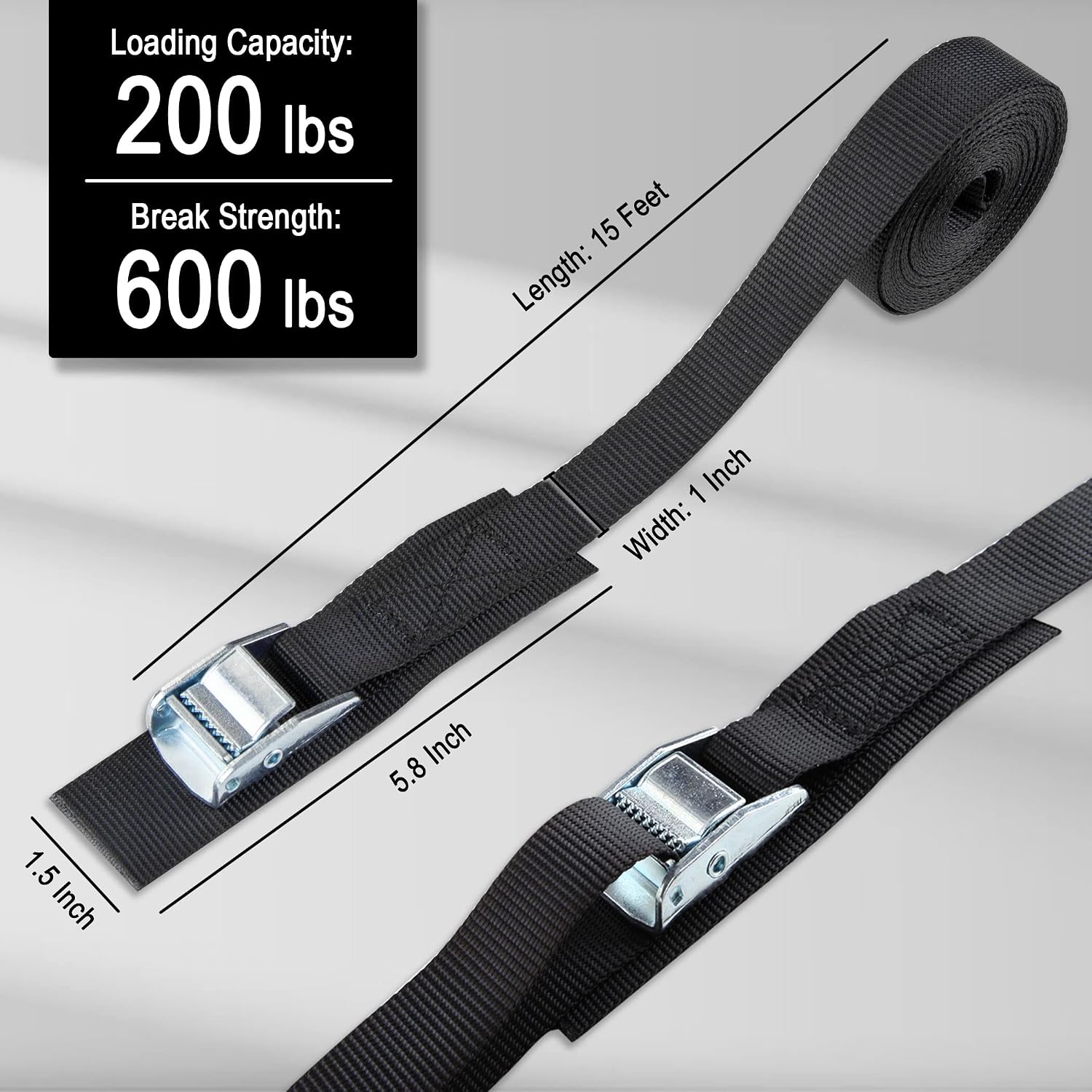 Cartman 1" x 15 ft Cam Buckle Straps, 4 Pack, 600 lb Break Strength, Black