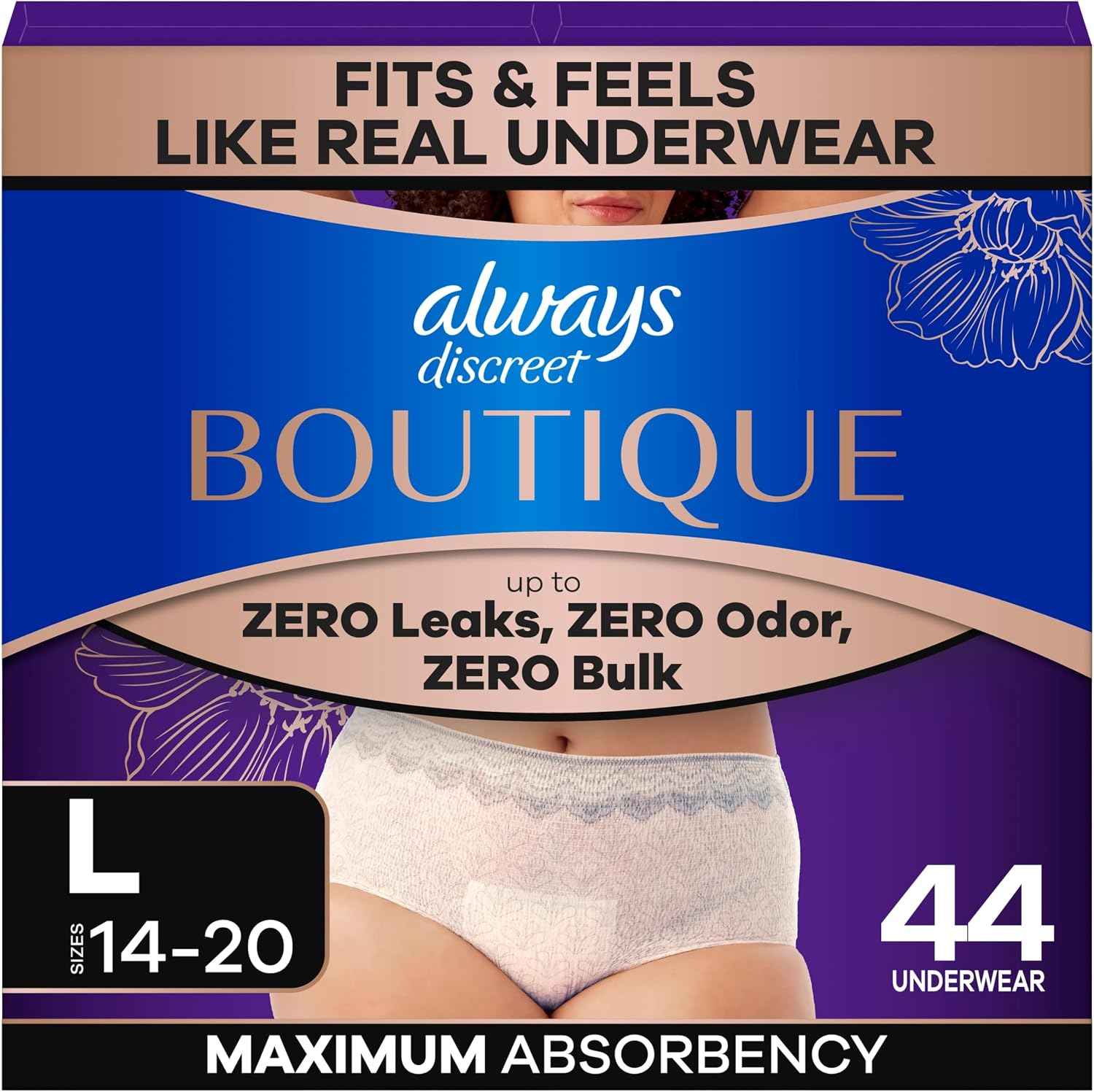 Always Discreet Boutique Incontinence and Postpartum Underwear for Women, Maximum Protection, Large, Rosy, 44 Count (2 Packs of 22)