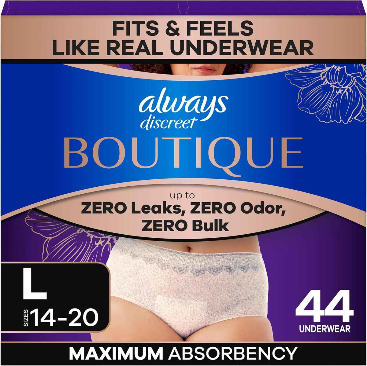 Always Discreet Boutique Incontinence and Postpartum Underwear for Women, Maximum Protection, Large, Rosy, 44 Count (2 Packs of 22)