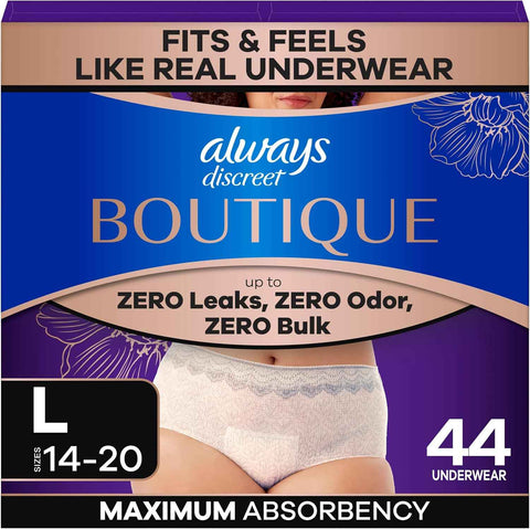 Always Discreet Boutique Incontinence and Postpartum Underwear for Women, Maximum Protection, Large, Rosy, 44 Count (2 Packs of 22)