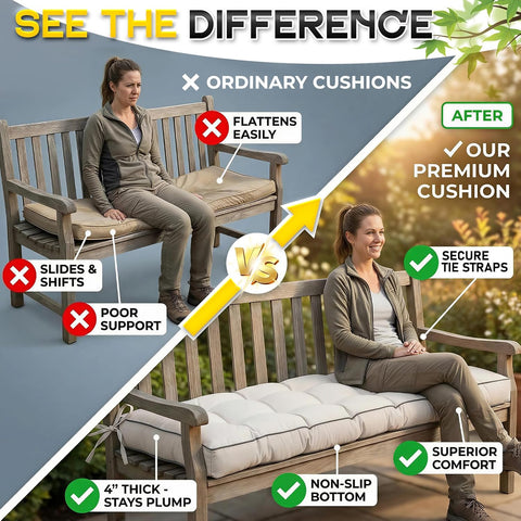 Outdoor Bench Cushion, Tufted Patio Seat Pad for Garden Bench, Porch Swing, Indoor/Outoor Furniture (Black, 60X18X5)