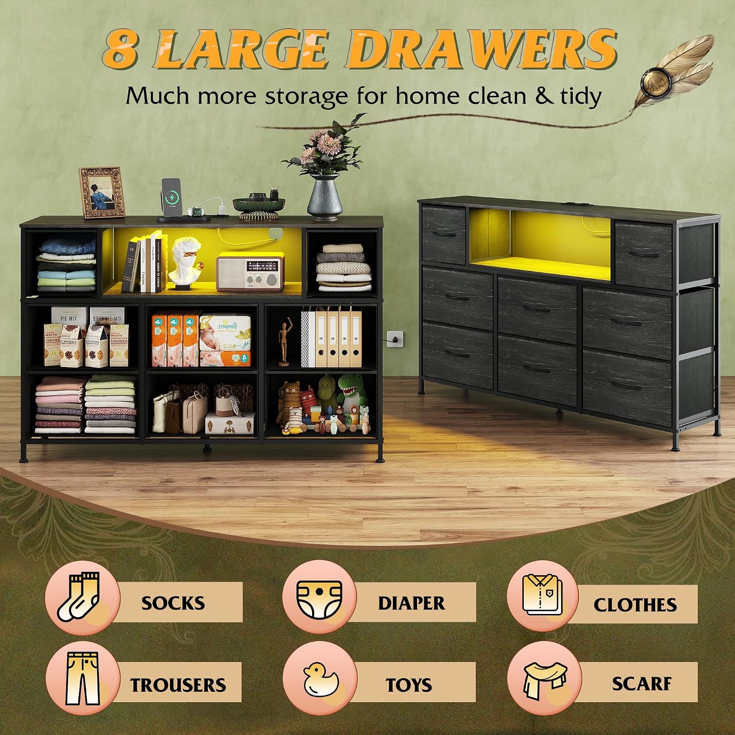 WLIVE Dresser TV Stand for 55 Inch TV, 8 Drawers, LED, Black Wood Grain