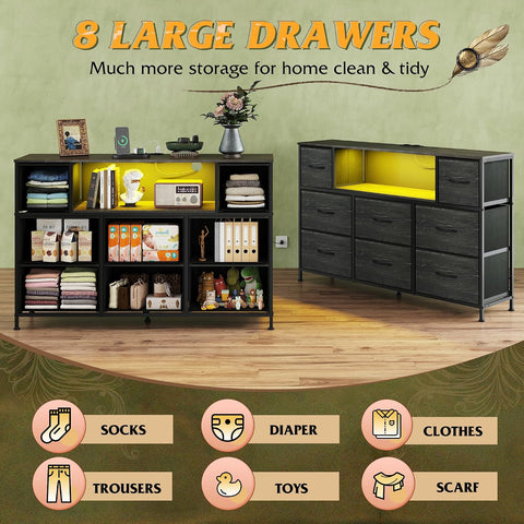 WLIVE Dresser TV Stand for 55 Inch TV, 8 Drawers, LED, Black Wood Grain