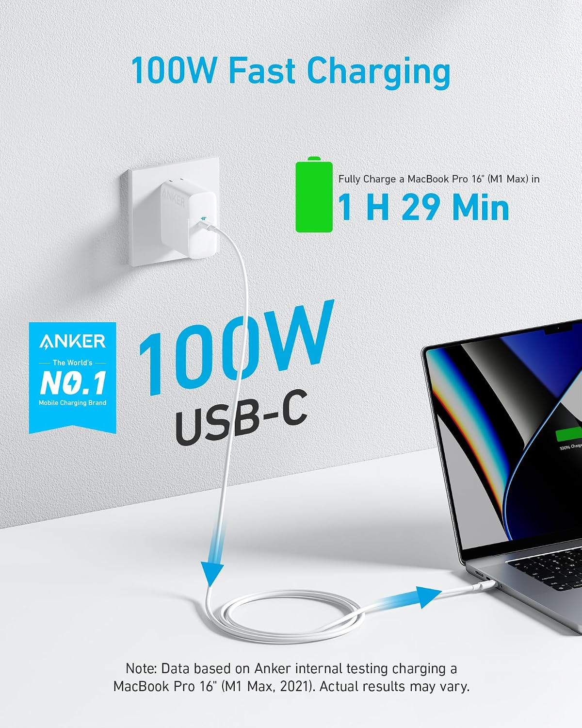 Anker Laptop Charger, Compact Foldable 100W USB C Charger with 5FT Cable