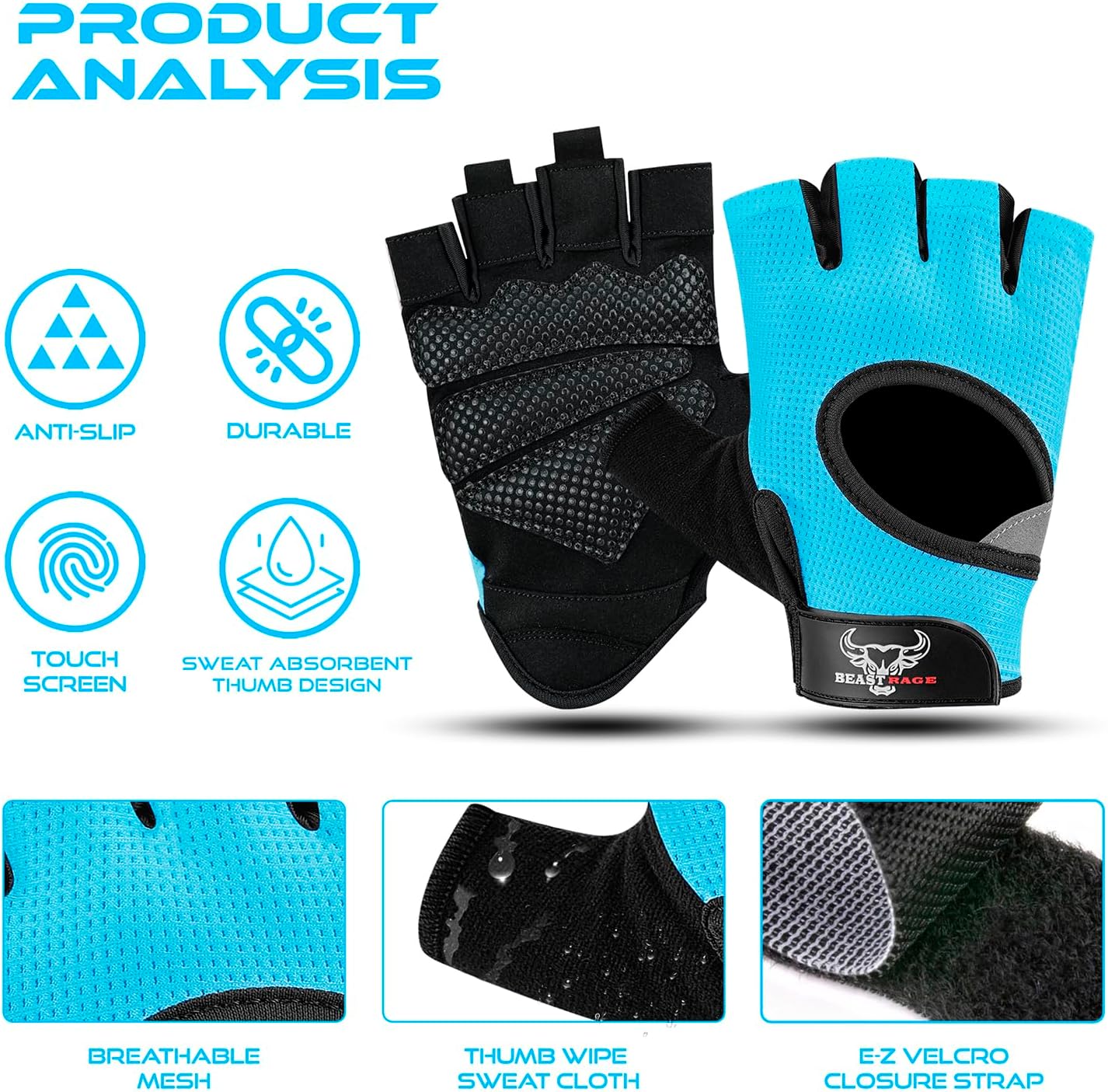 BEAST RAGE Fingerless Weight Lifting Gloves with Palm Protection Padding, Breathable Lightweight Gym Gloves for Men, Women, Weightlifting, Cycling, Exercise, Training Pull Up