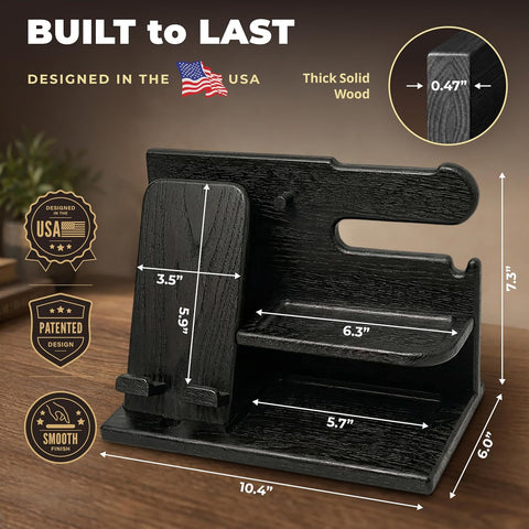 TESLYAR Wood Phone Docking Station for Men - Desk or Nightstand Organizer - Birthday Gifts for Husband, Dad - Anniversary Idea from Wife - Key Holder, Stand Wallet, Watch & Essentials (Granite Black)