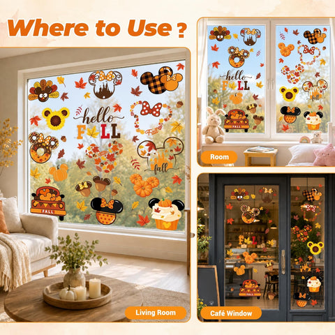 Fall Window Clings, Autumn Pumpkin Static Stickers for Glass, 60 Designs