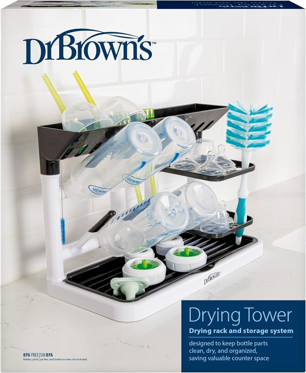 Dr. Brown's Drying Tower, Stand-Up Drying Rack, Countertop Baby Bottle Drying with Organized Storage for Baby Essentials, Space Saving Vertical Rack, Black/White